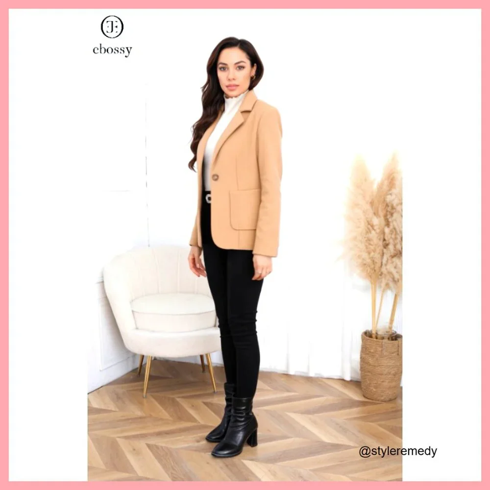 Wool Blend Pea Coat Blazer with Notched Lapel and Pockets